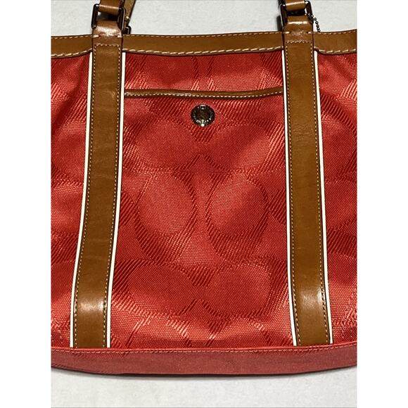 Coach Signature Gallery Tote Bag Coral & Brown Leather Trim Zip Travel F13560 - Picture 7 of 16